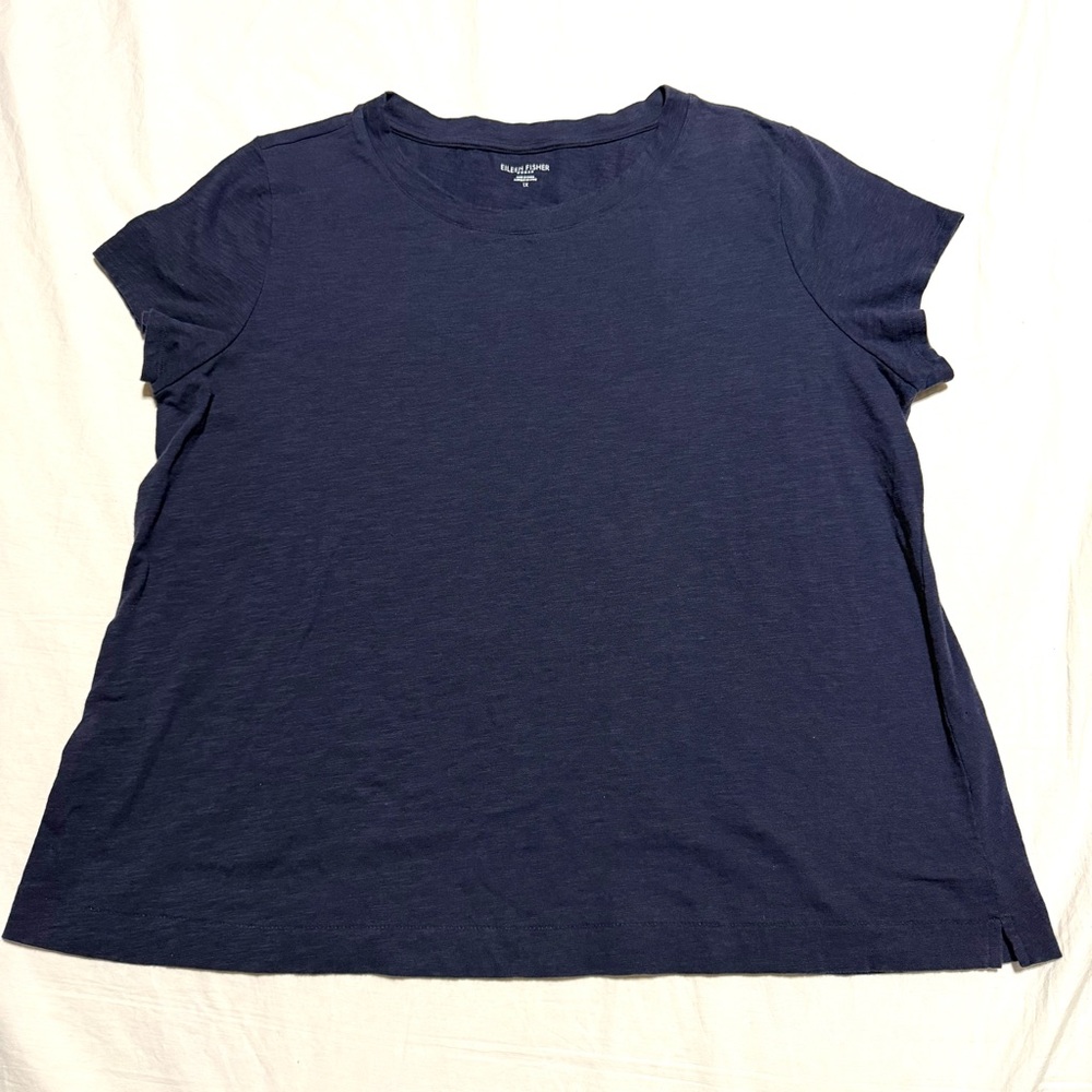 Eileen Fisher Short Sleeve Crewneck 100% Organic Cotton Tee Navy 1X Minimalist
